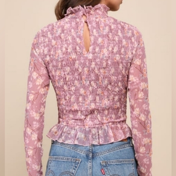 Lulus Sophisticated Blossom Mauve Floral Mesh Smocked Mock Neck Top XS - Picture 2 of 11